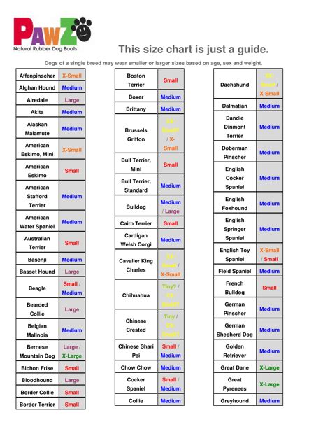 Dog Boots Size Chart - Pawz Download Printable PDF | Templateroller