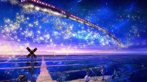 Wallpaper : night, anime girls, sky, stars, train, magic, computer wallpaper, outer space ...