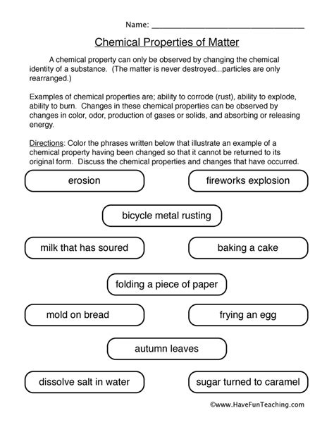 Physical Vs Chemical Properties Worksheet