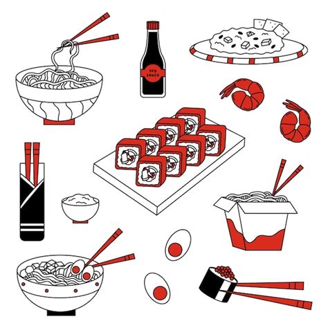 Premium Vector Asian Food Doodle Set Chinese Soup Ramen Rice With