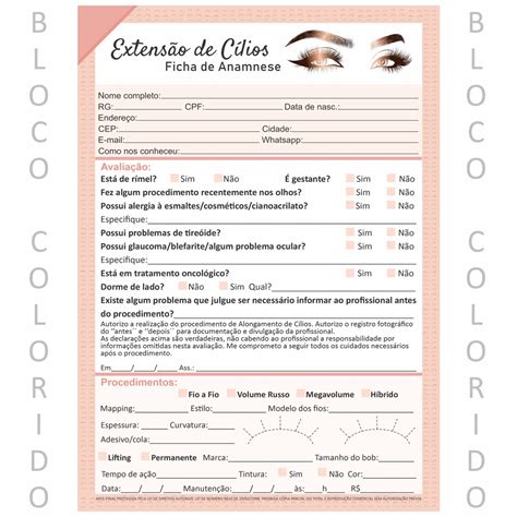 Ficha Anamnese Extens O C Lios Completa Colorida Bloco C Fls