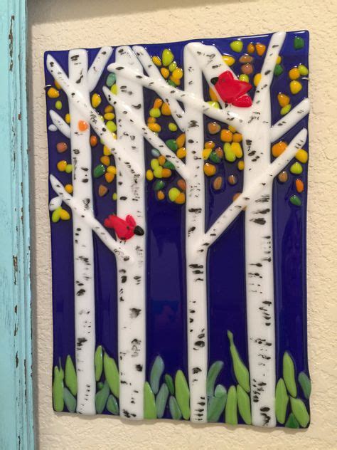 Fused Glass Forest Scene Cardinal Birds Aspen Birch By Jodysart Fused Glass Wall Art Decor