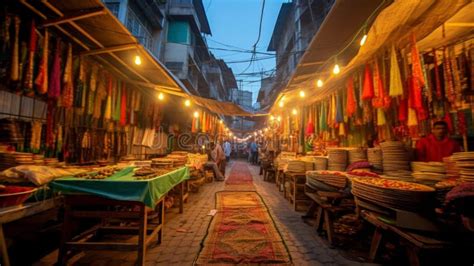 Vibrant Street Bazaar With Traditional Foods And Fabrics Stock