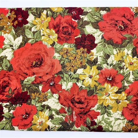 Vintage Bloomcraft Floral Fabric Screen Print Cotton Red Roses 52 2 5 8