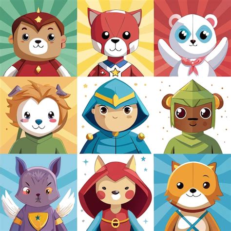 Nine cute cartoon animal characters with different costumes and ...