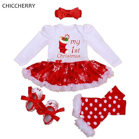 My First Christmas Baby Girl Clothes Lace Romper Dress Headband Leg