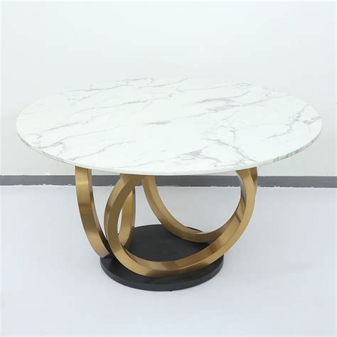 Modern 53 Round White Dining Table For 6 Person Faux Marble Top Gold And Black Pedestal Homary