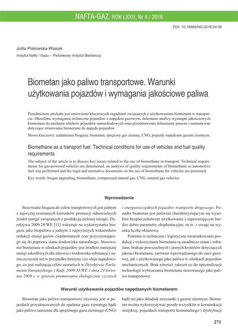 Pdf Biometan Jako Paliwo Transportowe Warunki U Ytkowania