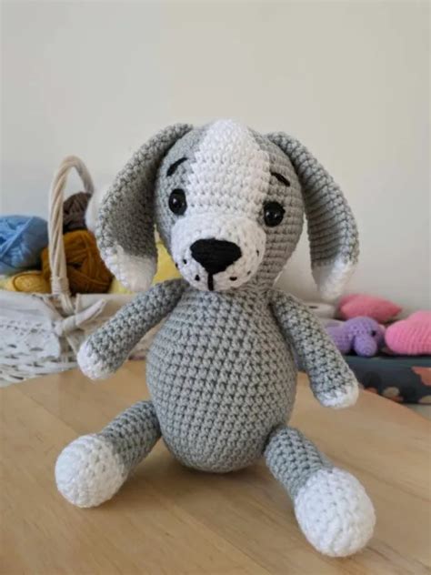 Chien Gris Doudou Fait Main Au Crochet Neuf Amigurumi Cm Eur