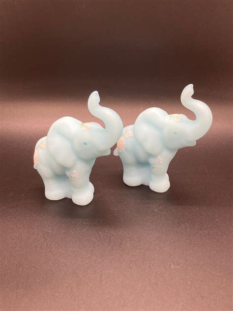 Single Vintage Fenton Signed Hand Painted Blue Satin Elephants With Frosted Flowers Etsy