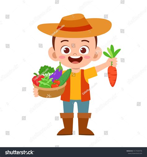 Cute Happy Kid Harvest Fruit Vegetable Stock Vector Royalty Free