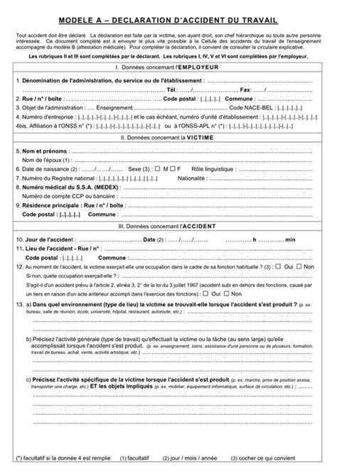 Model De Declaration Daccident Du Travail Belgique Doc Pdf