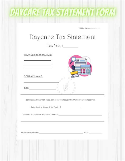 Printable Daycare Tax Statement Formend Of Year Tax Form Etsy