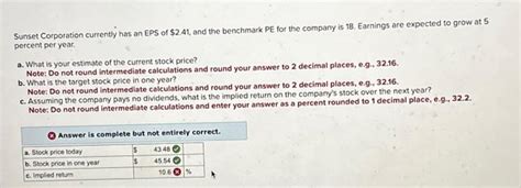 Solved Sunset Corporation Currently Has An EPS Of 2 41 And Chegg