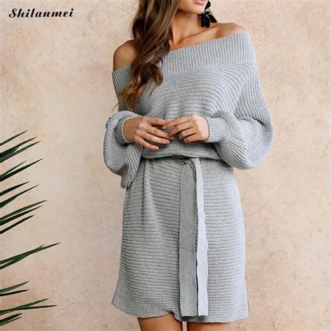 Sexy Off Shoulder Knitting Sweater Dresses Women Elegant Slash Neck