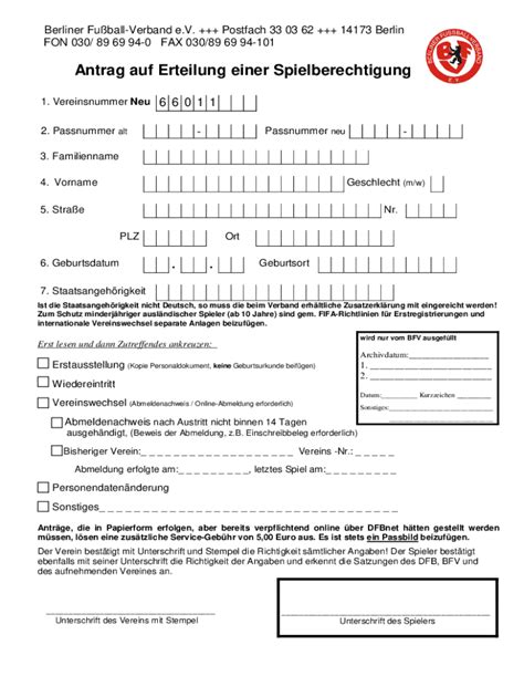 Fillable Online Antrag Auf Spielberechtigung In Der Freizeitliga Des