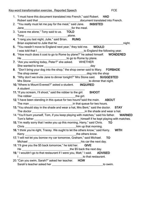 Key Word Transformation Reported Speech Worksheet Word