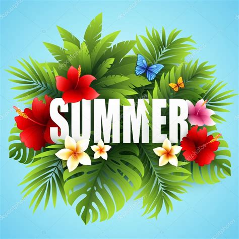 Summer Tropical Background Of Palm Leaves And Tropical Flowers