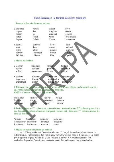 Fiche exercices Le fÃminin des noms communs Poly Prepas