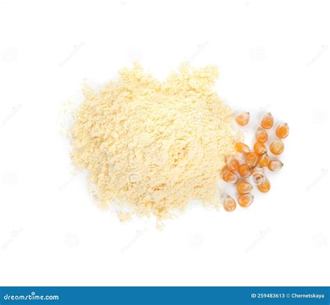 Pile Of Corn Flour And Seeds Isolated On White Top View Stock Image