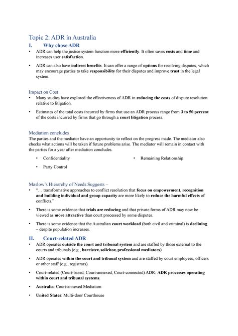 Exam Notes Summary Alternative Dispute Resolution Topic 2 Adr In