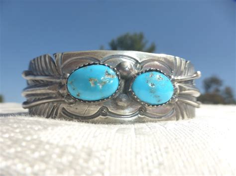 NATIVE AMERICAN STERLING SILVER TURQUOISE CUFF BRACELET Mike Thomas Jr