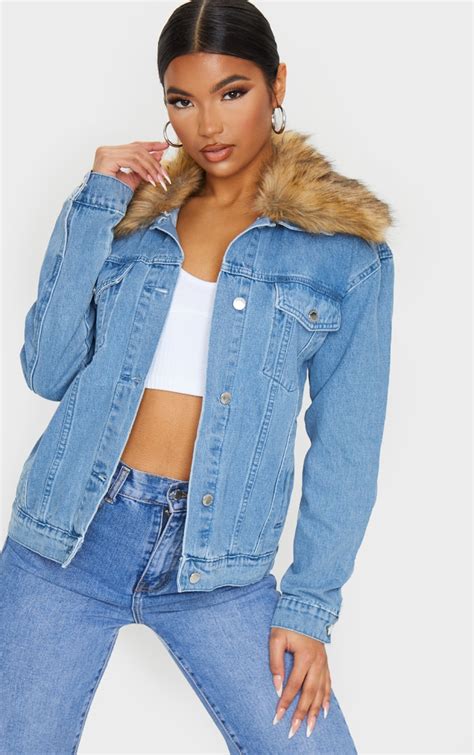 Light Blue Wash Faux Fur Collar Denim Jacket Prettylittlething Ksa