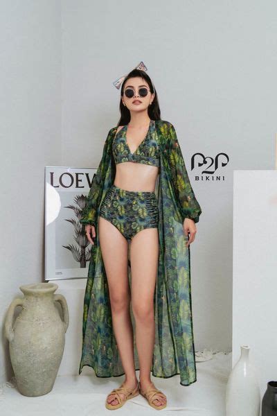 Đồ bơi Nữ mảnh áo cột dây quần cạp cao hai lớp hoạ tiết tropical P P Bikini Thương hiệu