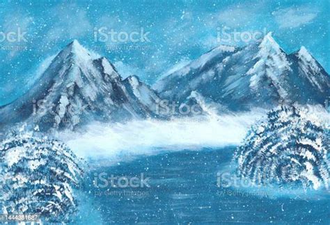 Acrylic Painting Of Winter Concept Heavy Snowfall Natural Mountain Tree