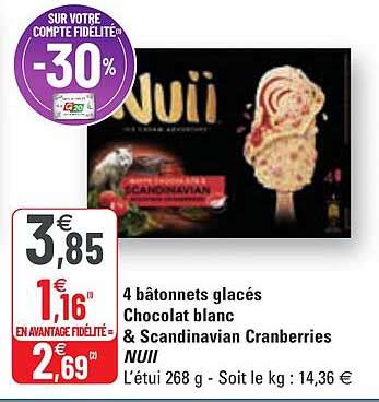 Promo 4 Bâtonnets Glacés Chocolat Blanc Scandinavian Cranberries Nuii