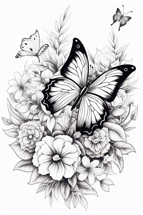 Premium Photo A Black And White Drawing Of A Butterfly And Flowers