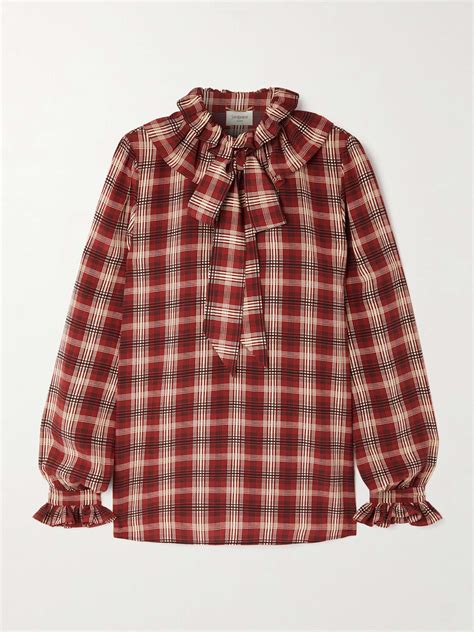 SAINT LAURENT Pussy Bow Ruched Checked Silk Blouse NET A PORTER