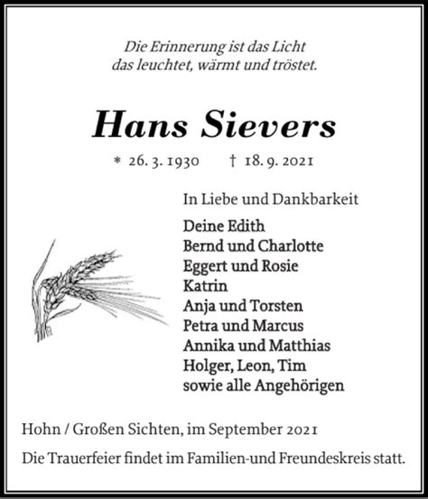 Traueranzeigen Von Hans Sievers Sh Z Trauer