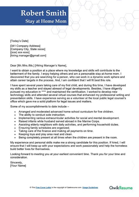 Stay At Home Mom Cover Letter Examples Qwikresume