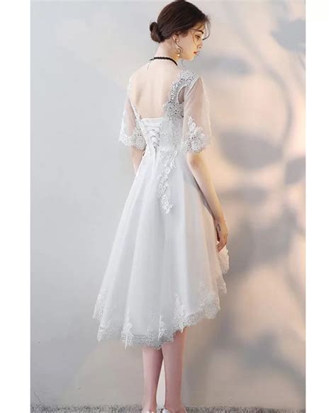 Elegant White Lace High Low Party Dress With Sleeves Mxl86003