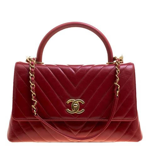 Chanel Red Chevron Quilted Leather Small Coco Top Handle Bag Chanel