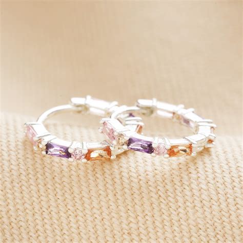 Pastel Baguette Crystal Huggie Hoop Earrings Silver Lisa Angel