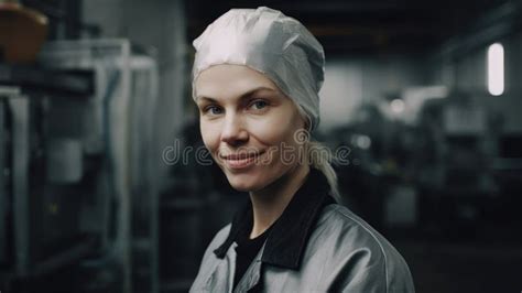 A Smiling Swedish Female Factory Worker Standing In Metal Sheet Factory