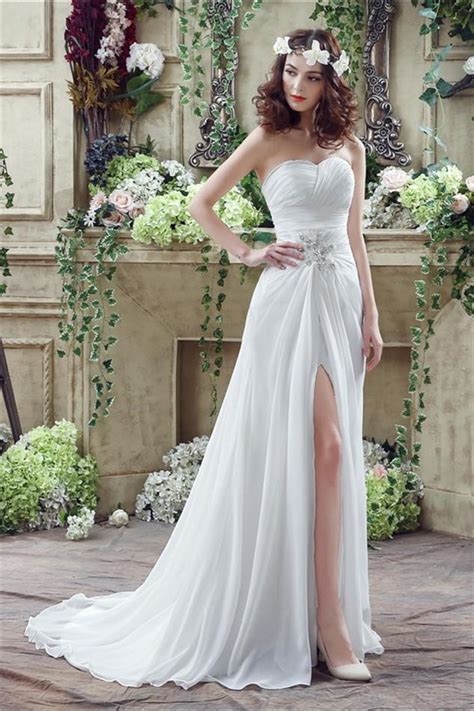 Sheath Strapless High Slit Corset Back Chiffon Beach Wedding Dress