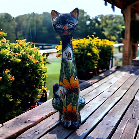 Amazon Talavera Tall Cat Statue Handmade Ceramic Mexican Pottery