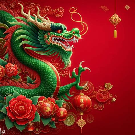 A Green Dragon With Red Flowers And Lanterns