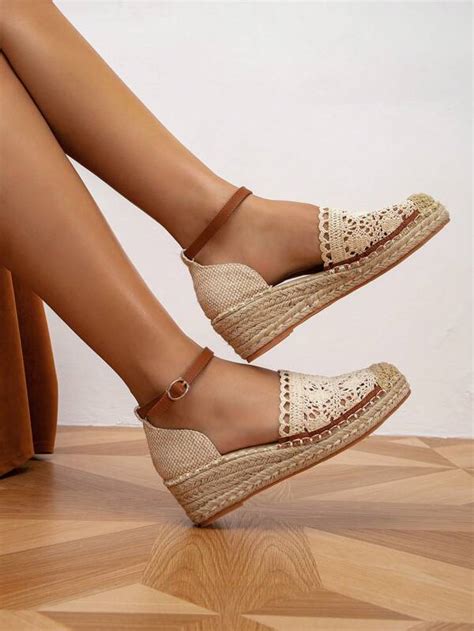 Women Hollow Out Espadrille Ankle Strap Wedge Court Shoes Fabric