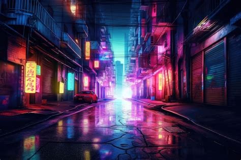 Premium Ai Image City Alleyway With Neon Lights Night View Of A Quiet