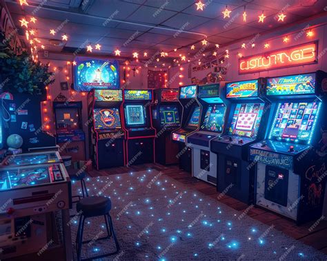 Premium Photo Retro Game Room With Vintage Arcade Machines And A Neon Signsuper Detailed