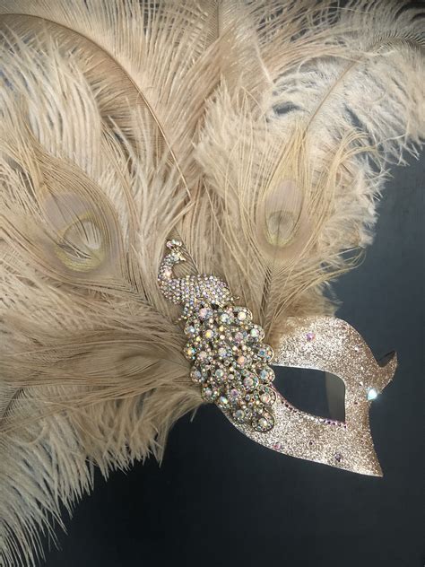 Womens Gold Crystal Peacock Feather Masquerade Mask