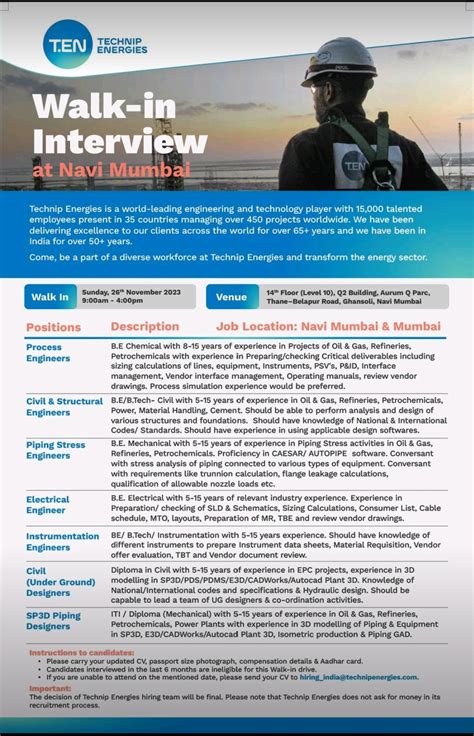 Technip Energies Walk In Interview For Process Piping Civil