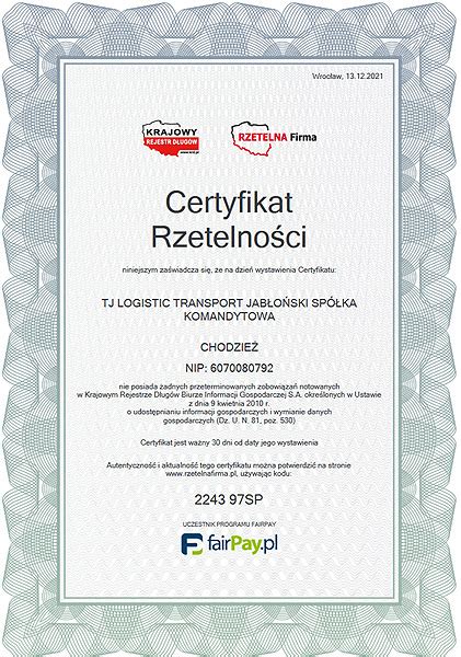 Certyfikat Solidna Firma