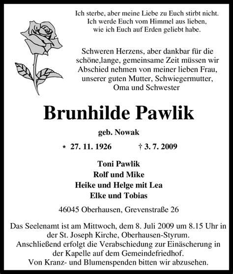 Traueranzeigen Von Brunhilde Pawlik Trauer In NRW De