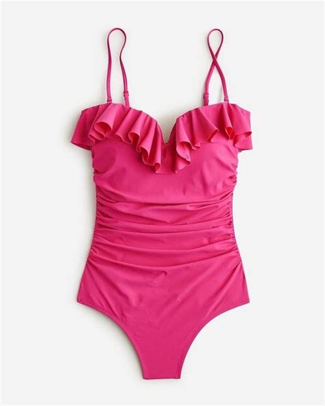 J Crew Matte Ruched One Piece Swimsuit With Ruffles In Pink Lyst