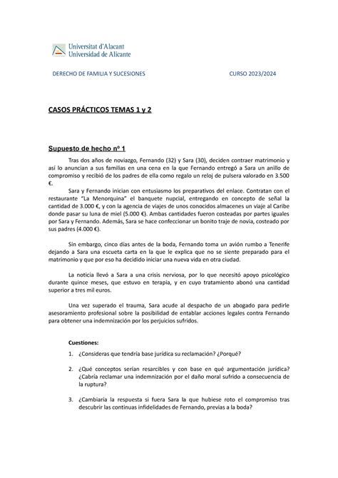 Práctica Temas 1 y 2 Familia DERECHO DE FAMILIA Y SUCESIONES CURSO